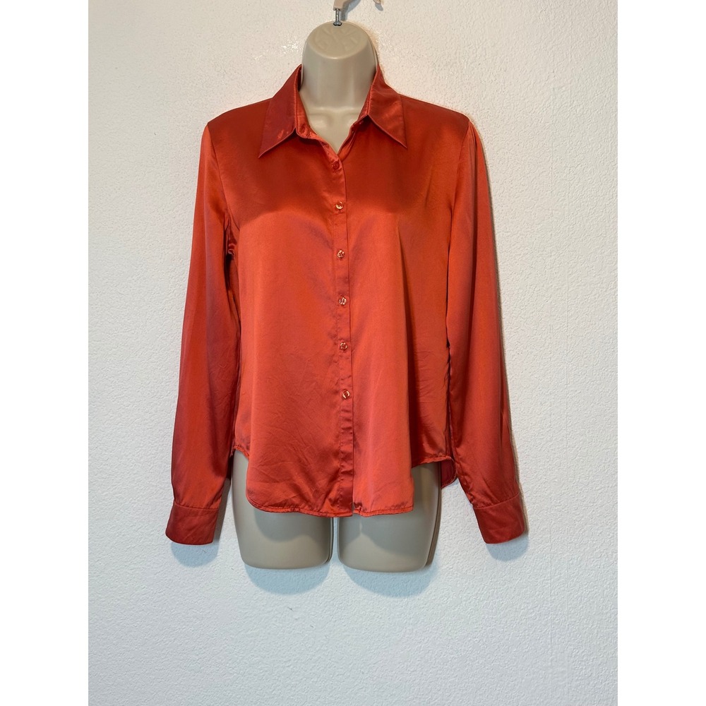 Vtg Casual Corner 100% Silk Long Sleeve Satin Blouse Burnt Orange Rust Size 8